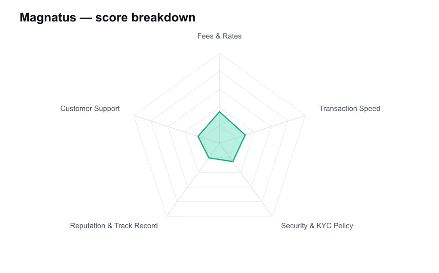 Magnatus score breakdown by criterion, shown as a radar chart