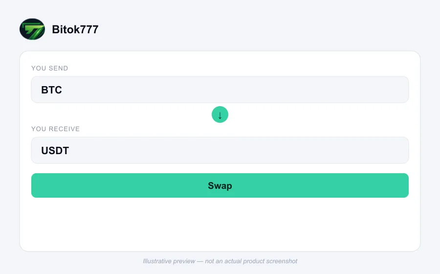 Illustrative swap flow preview for Bitok777 - not an actual product screenshot